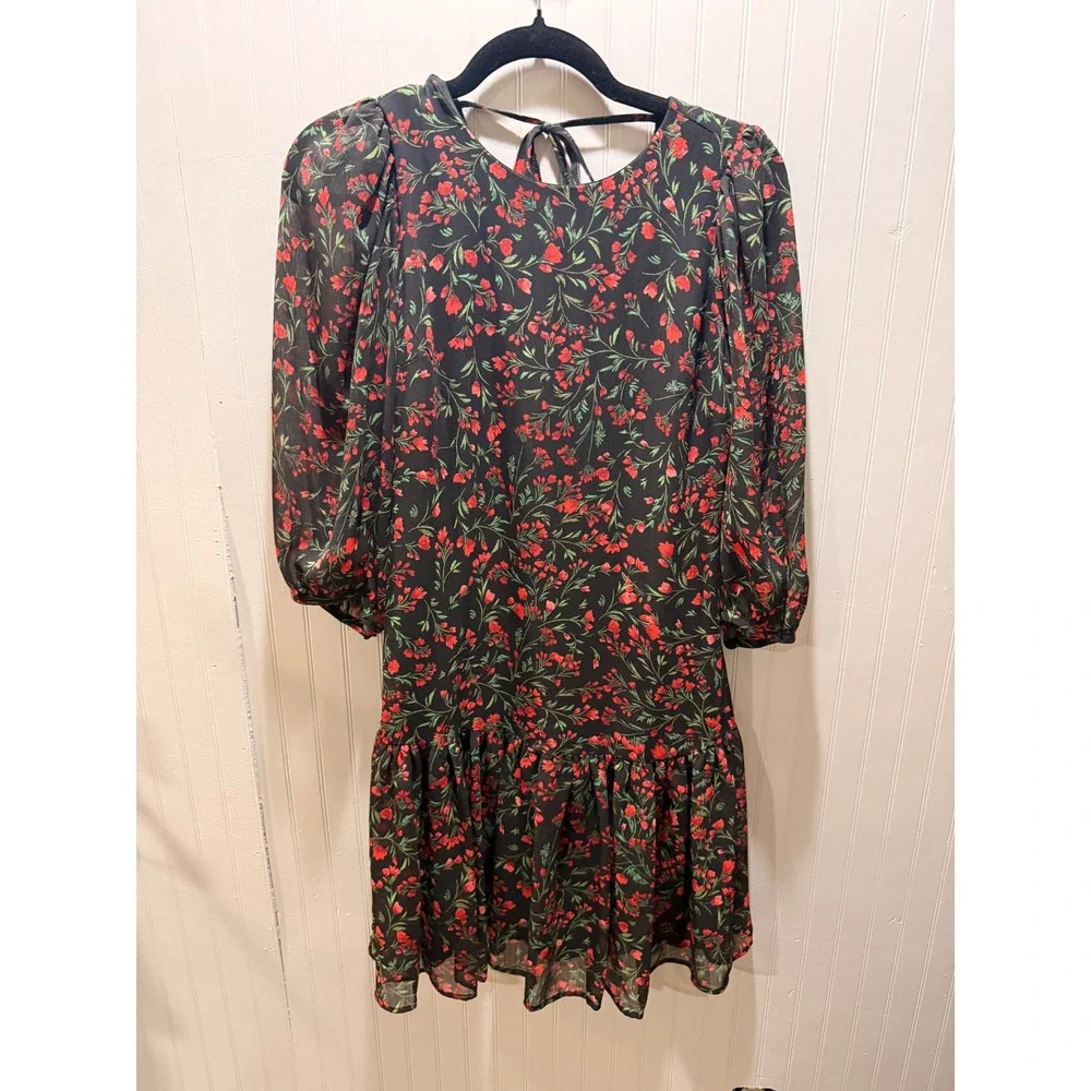 Calvin Klein Floral Puff Sleeve Ruffle Hem Mini Dress Black‎ Red Size 2